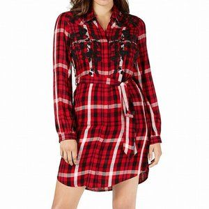 GUESS Plaid Beaded Embroidered Shirt Dress sz S